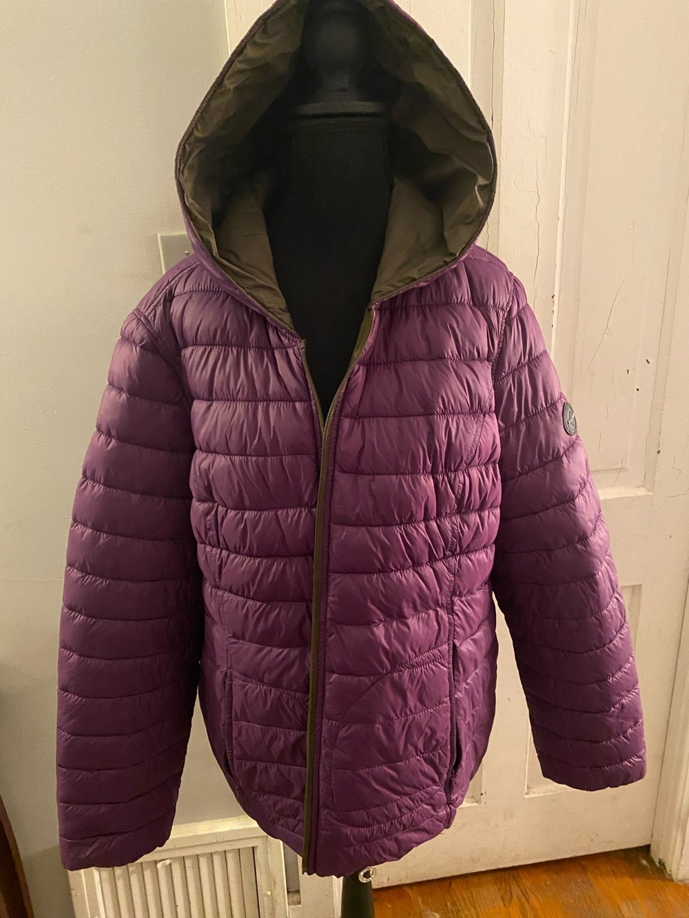 Women's Hooded Purple/Olive Quilted Puffer Reversible Jacket